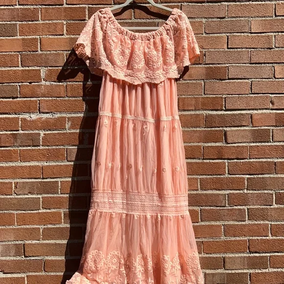 Peach prairie dress vintage lace style off the shoulder floral design small med - Picture 5 of 15